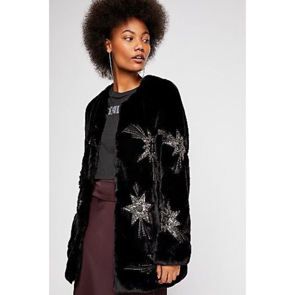 Free People Starry Skies In Her Eyes Black Faux Fur Jacket Women's Size Small S - Picture 2 of 10